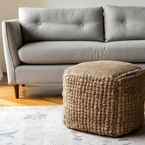 HomeRoots 18 Natural Jute Blend Cube Pouf Ottoman