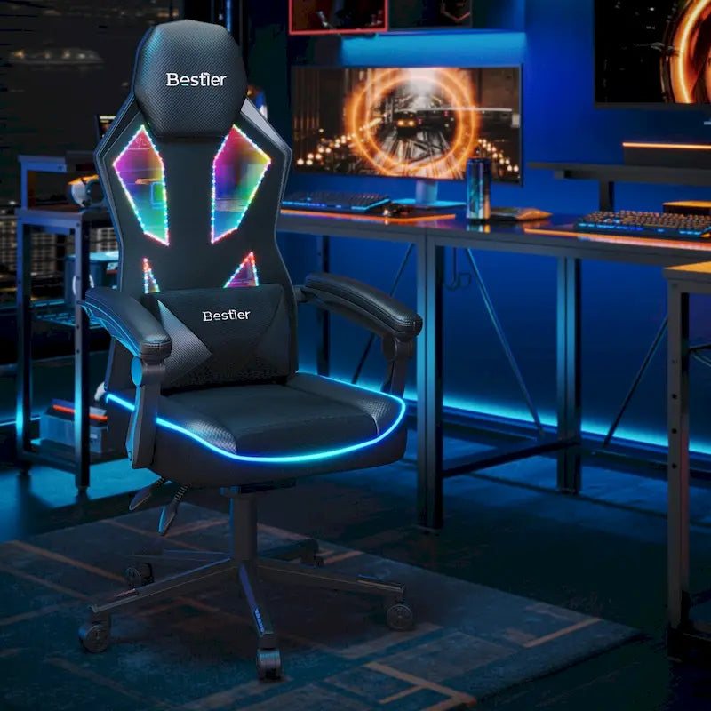Ergonomická herní židle s RGB LED osvětlením, prodyšná látková počítačová židle s pružinovým sedákem a nastavitelnými područkami